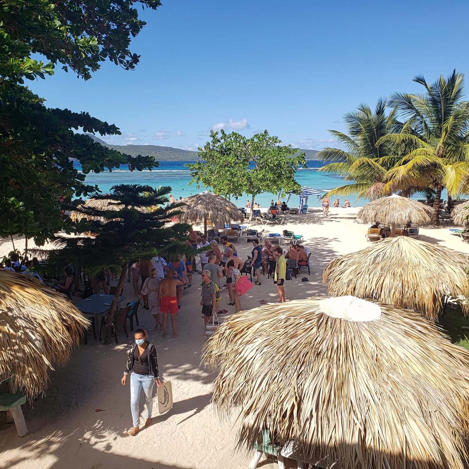 Vista de las palapas y la playa desde el restaurante